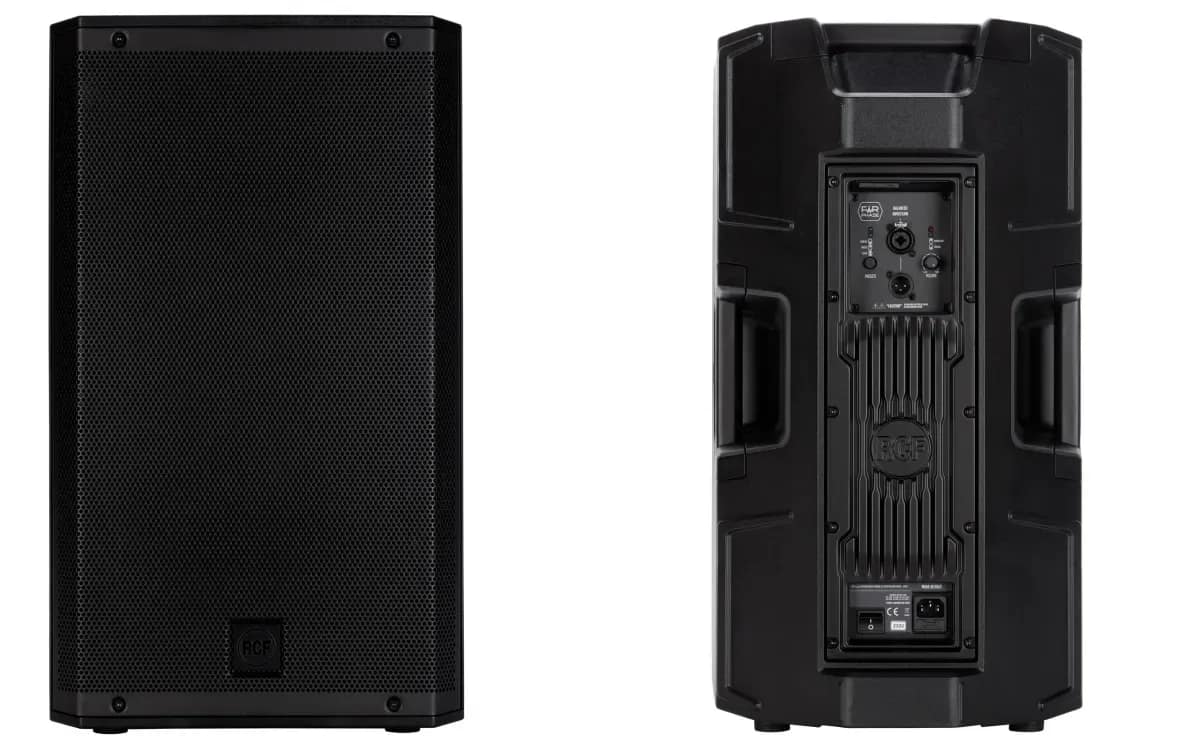 An RCF ART 912-A speaker seen from the front and back, with its amplifier panel and inputs
