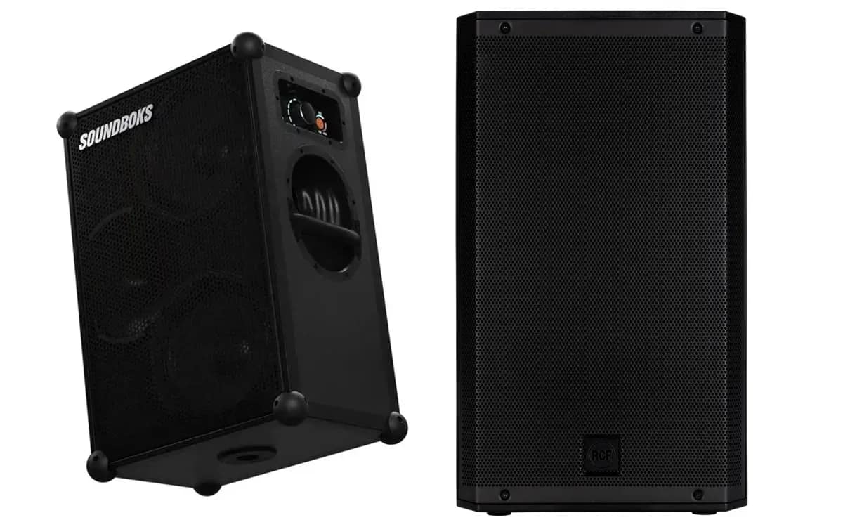 On the left, the Soundboks 4 speaker; on the right, an RCF ART 912-A speaker seen from the front, on a white background