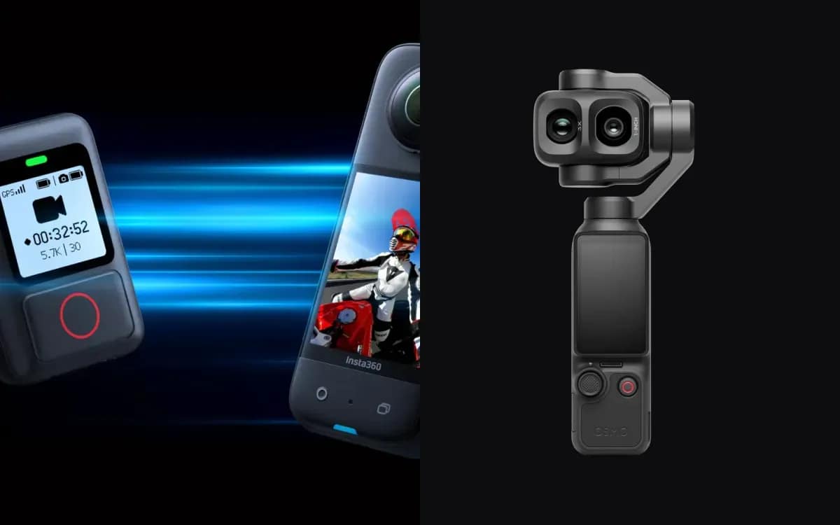 Une caméra 360 et sa télécommande face à une caméra de poche à nacelle : deux façons de filmer sans cadreur