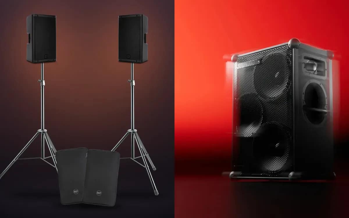 Deux enceintes RCF ART 912-A sur leurs pieds à gauche, une enceinte Soundboks 4 sur fond rouge à droite