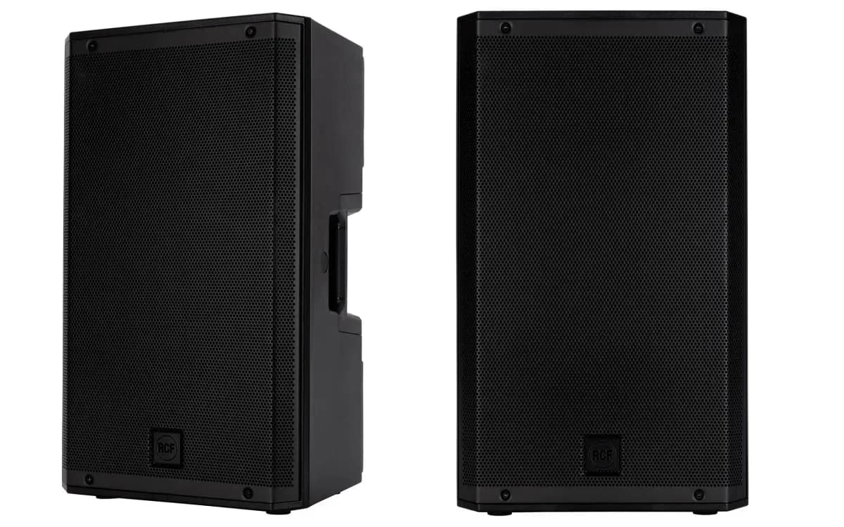 An RCF ART 912-A speaker seen from three-quarter and front views, on a white background