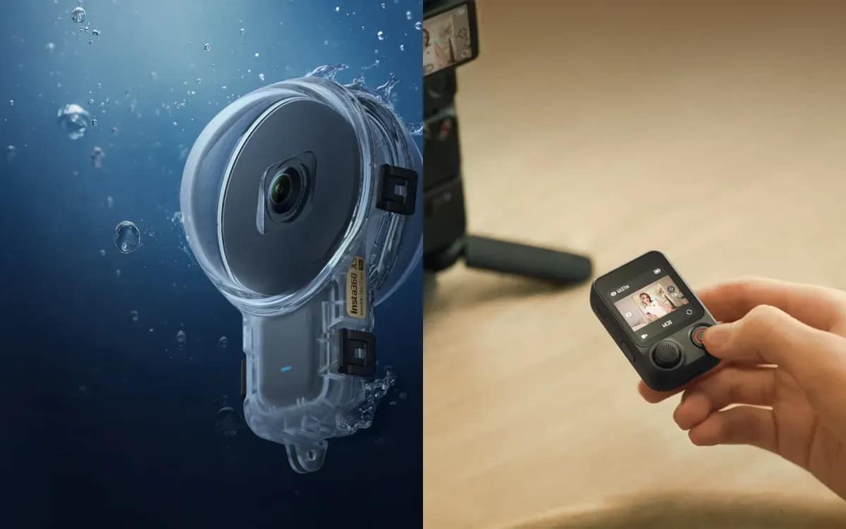 Une caméra 360 dans son caisson étanche et une caméra de poche sur trépied : deux appareils loués le même week-end