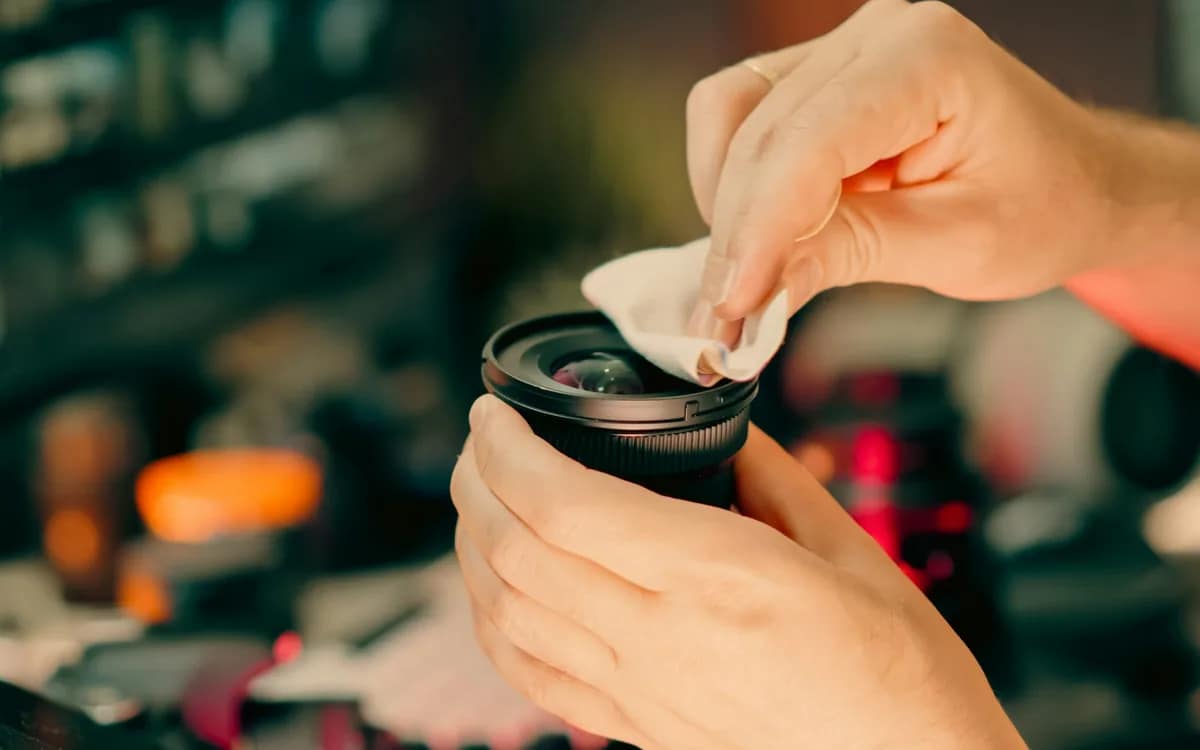 Deux mains essuient au chiffon microfibre l’objectif d’une caméra, devant des étagères de matériel en atelier