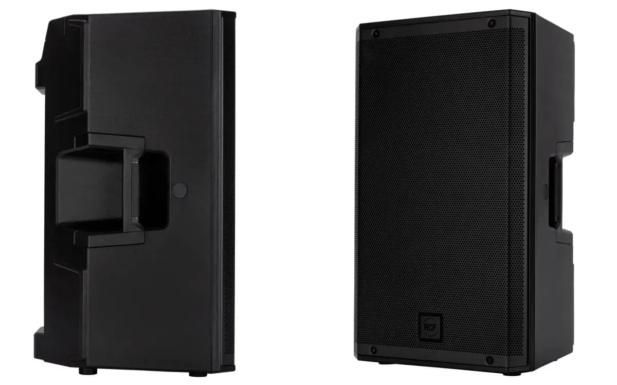 An RCF ART 912-A speaker seen from the side with its side handle, and from a three-quarter view