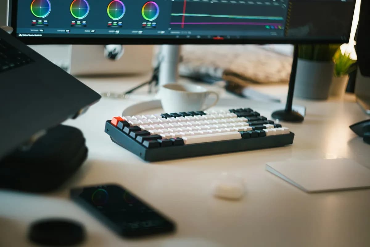 Écran d’étalonnage avec des roues chromatiques, sur un bureau