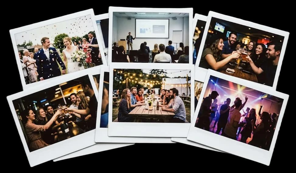 Stampe instax WIDE sparse: un matrimonio, una conferenza, amici seduti a tavola e una pista da ballo