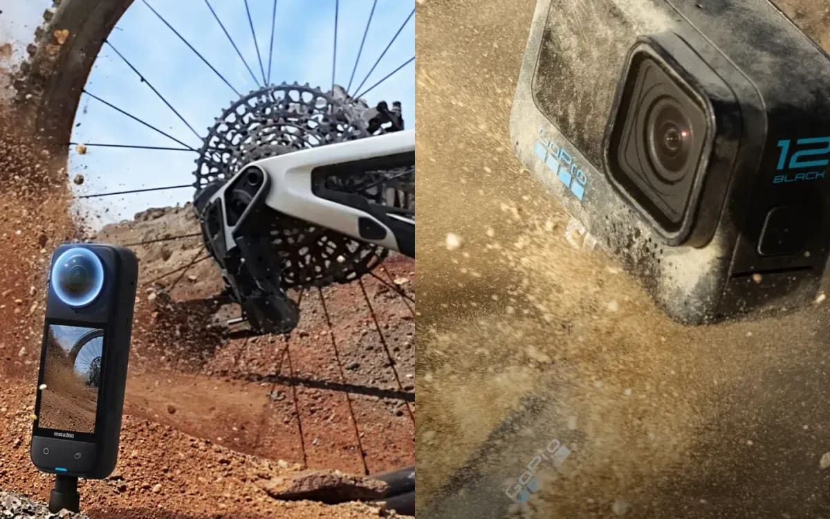 Une Insta360 X4 et une GoPro HERO 12 Black dans la poussière d’une piste, côte à côte