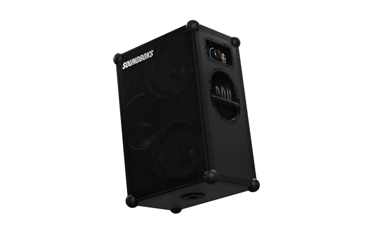 The black Soundboks 4 battery-powered speaker, three-quarter view on a white background