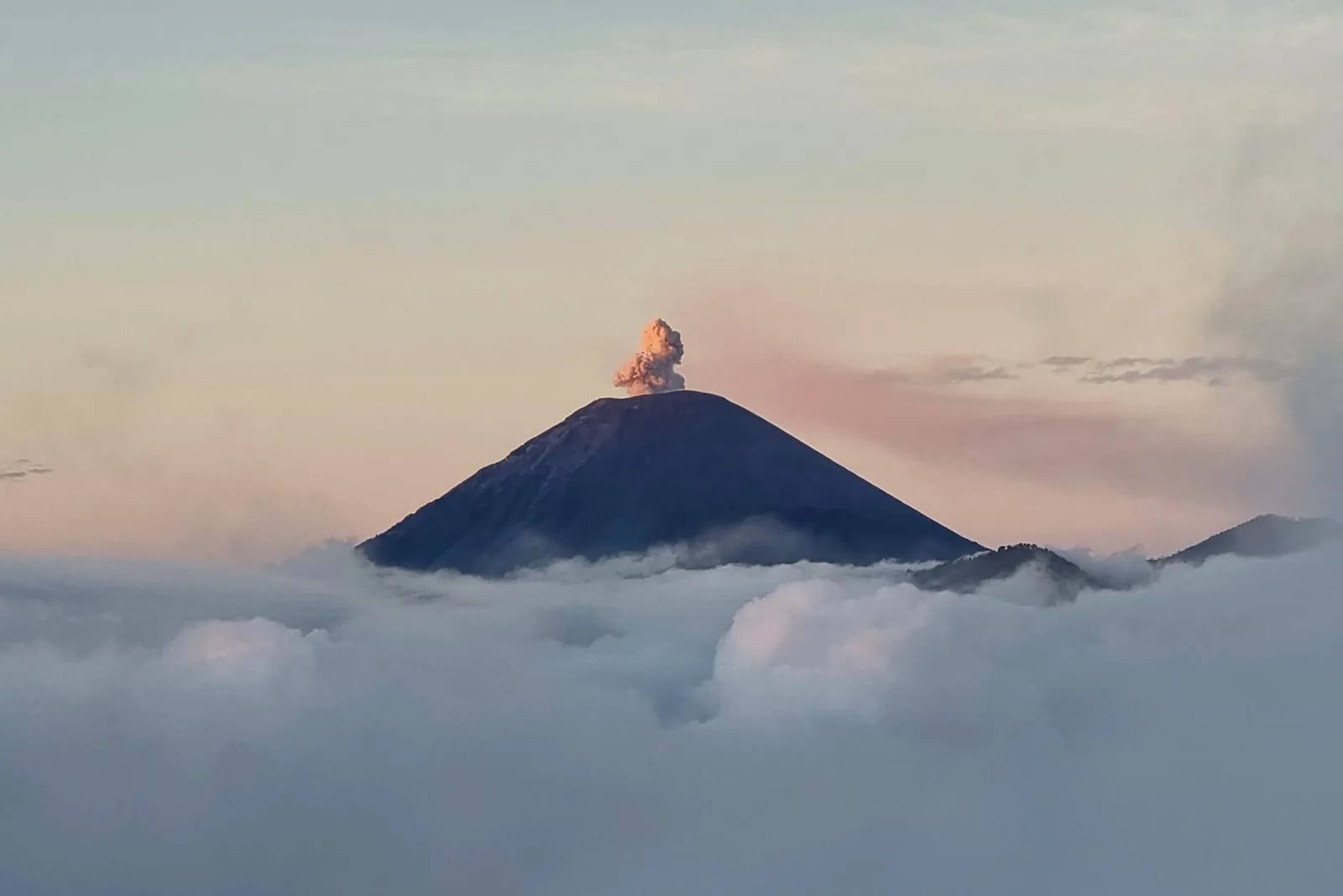 Volcano summit emerging from a sea of clouds at daybreak, with a plume of smoke