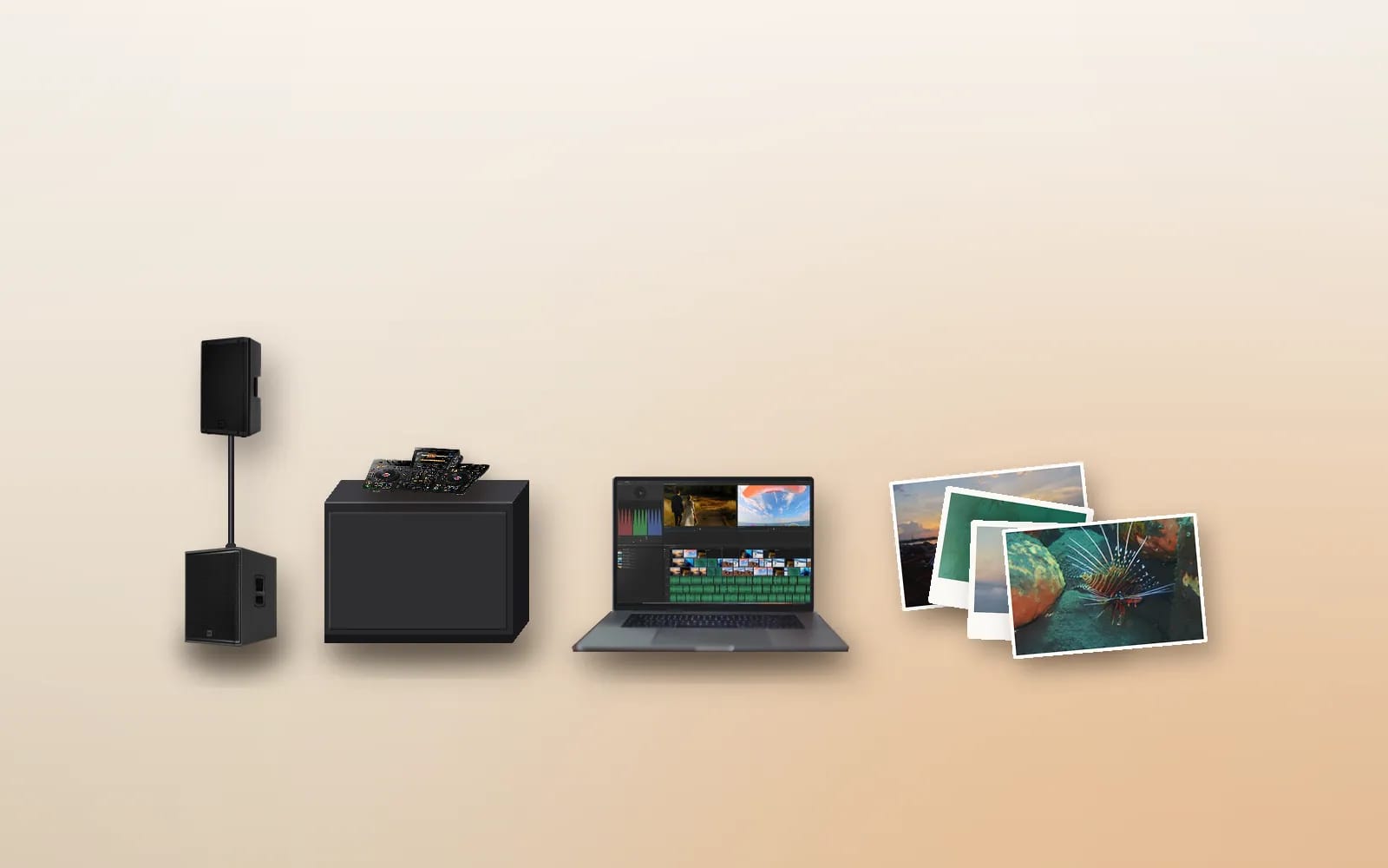 Pack sono, table DJ sur booth, poste de montage vidéo et tirages photo