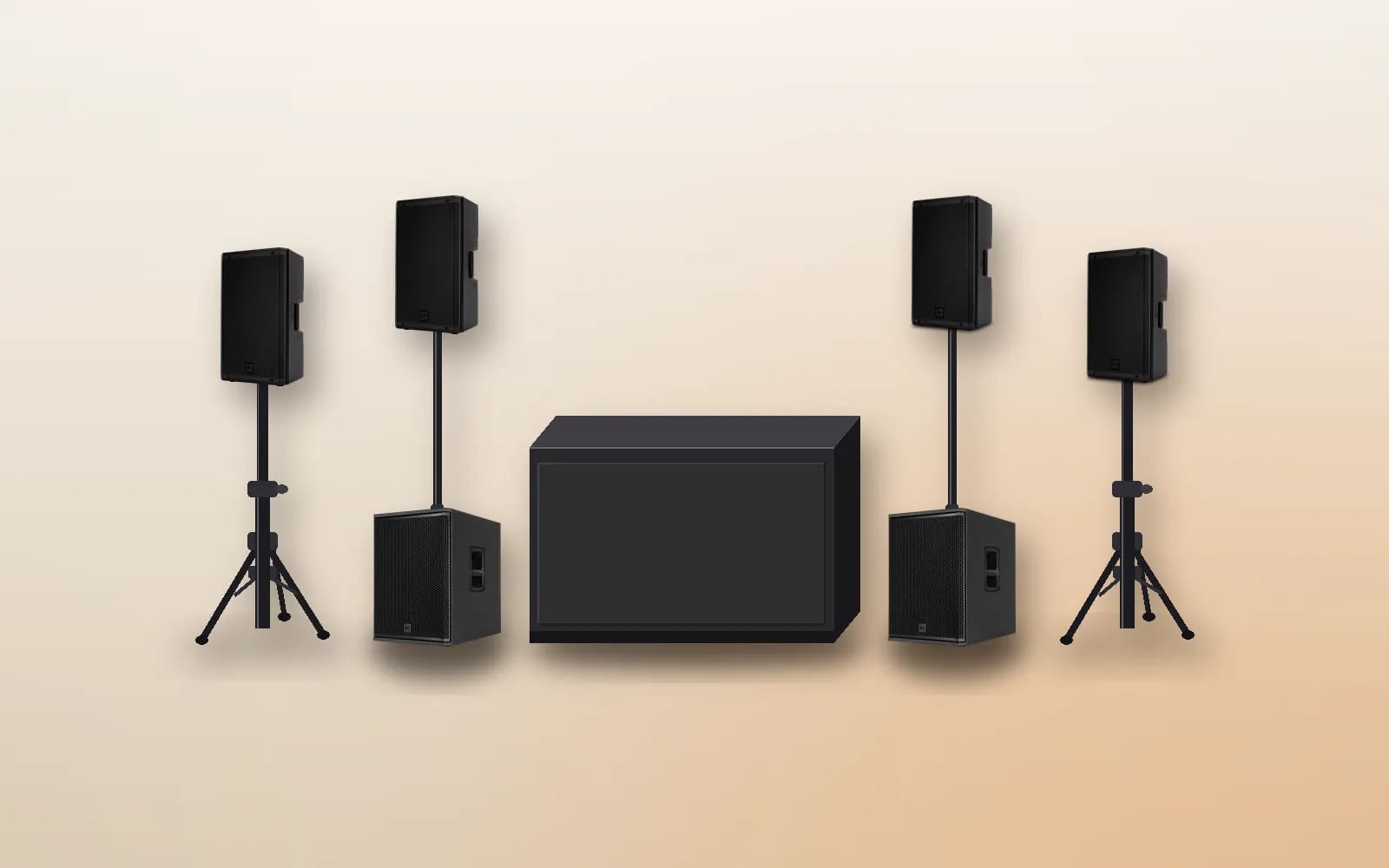 DJ booth noir avec un Pioneer XDJ-RX3, quatre enceintes RCF ART 912-A et deux caissons RCF SUB 15-AX
