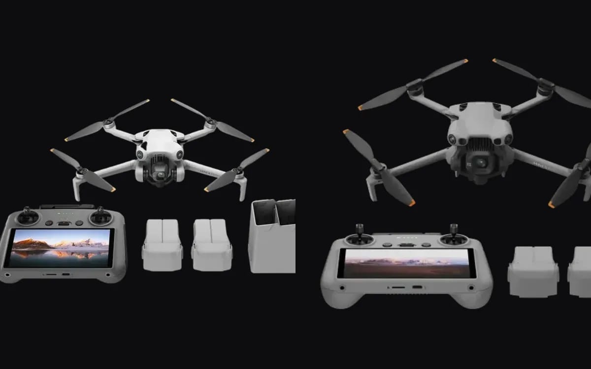 The DJI Mini 4 Pro and Mini 5 Pro drones side by side, available for rental from Fox Rider