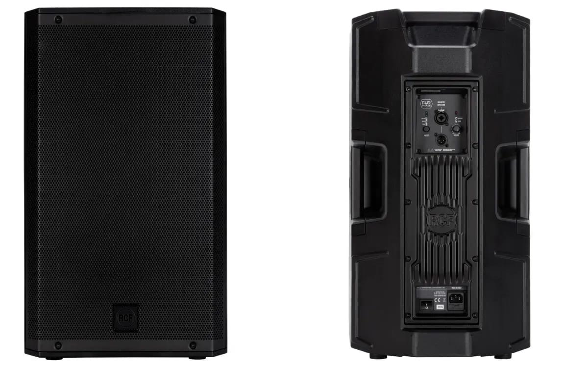 An RCF ART 912-A speaker seen from the front and back, with its amplifier panel and inputs