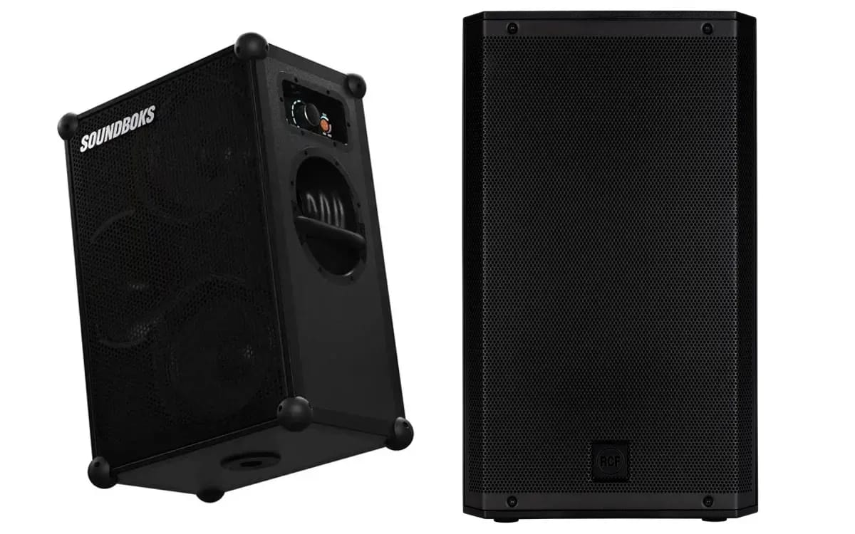 On the left, the Soundboks 4 speaker; on the right, an RCF ART 912-A speaker seen from the front, on a white background