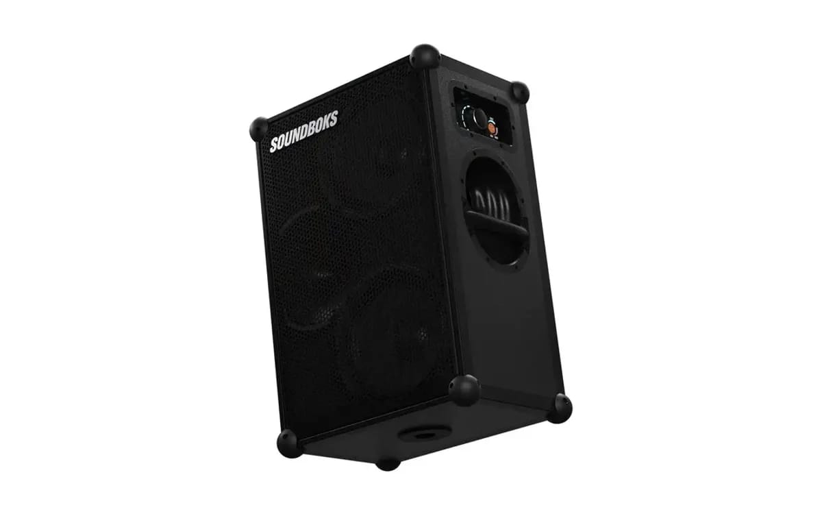 The black Soundboks 4 battery-powered speaker, three-quarter view on a white background