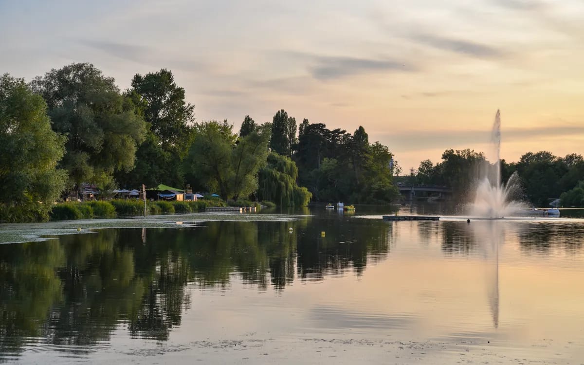 A body of water at the end of the day, a fountain jet and trees reflected in it under a pink sky