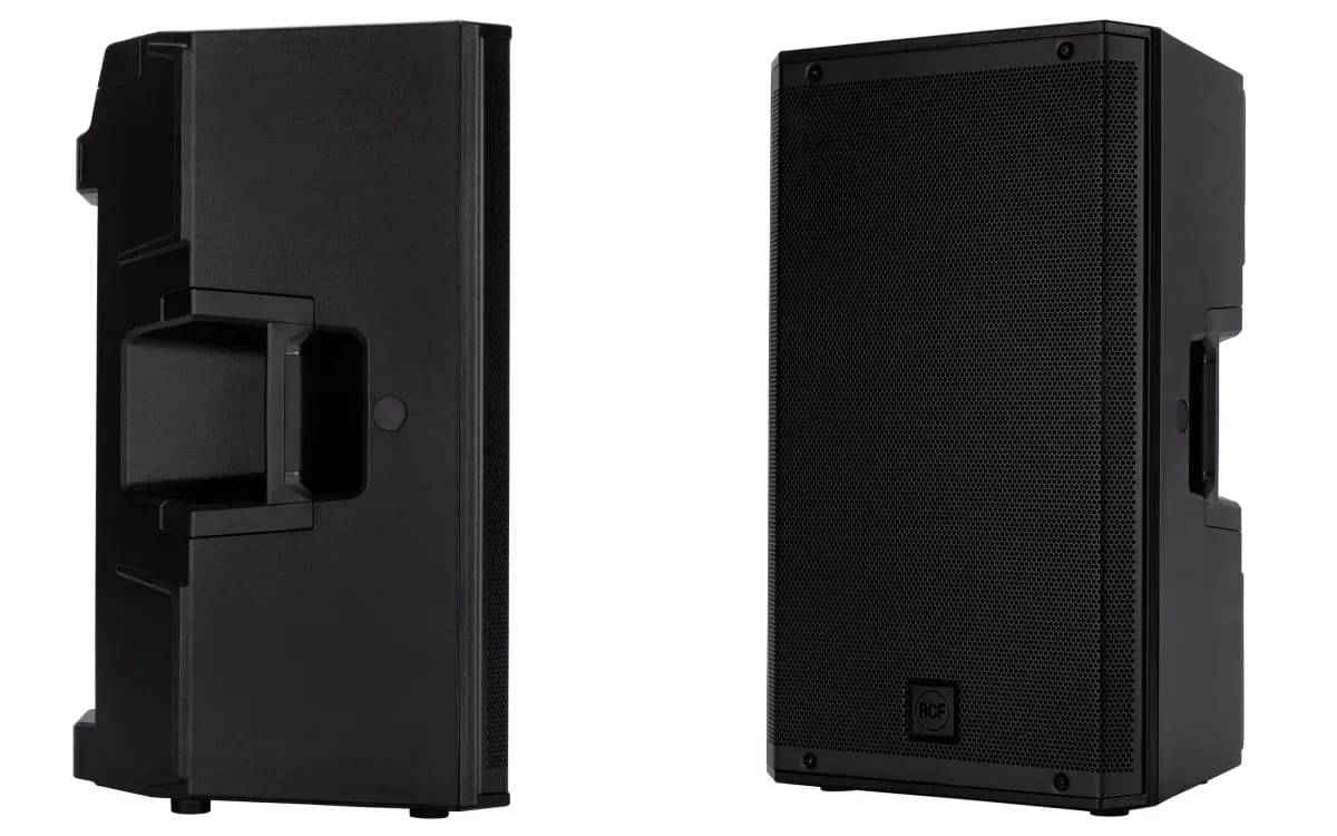 An RCF ART 912-A speaker seen from the side with its side handle, and from a three-quarter view