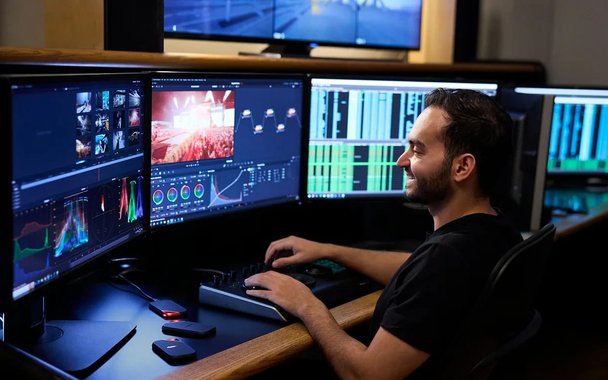 Un étalonneur assis devant trois écrans de montage : à gauche les courbes et le vectorscope, au centre les roues de couleur et l’image d’un concert, la main posée sur un panneau d’étalonnage.