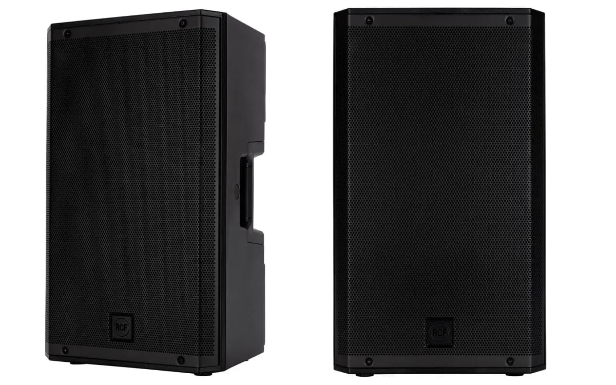 An RCF ART 912-A speaker seen from three-quarter and front views, on a white background