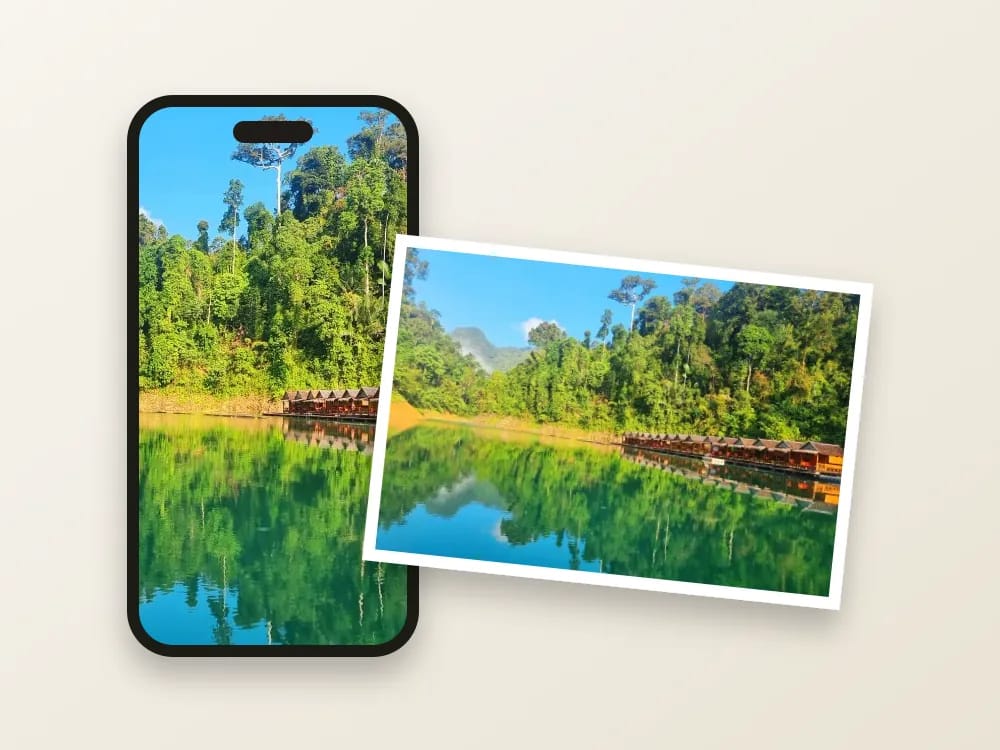 Illustration d’une photo de lac sur l’écran d’un téléphone, à côté du même cliché imprimé en tirage 10 × 15