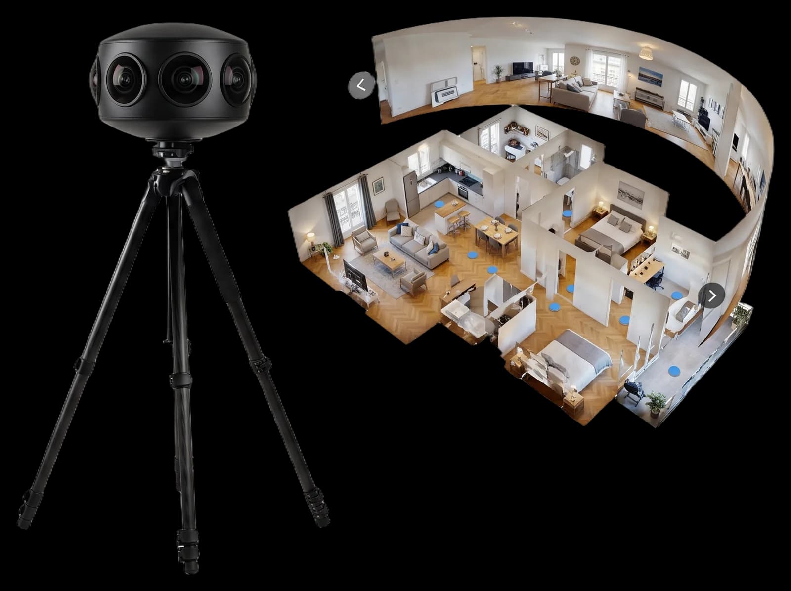 Fotocamera 360 su treppiede accanto a una visita virtuale di un appartamento
