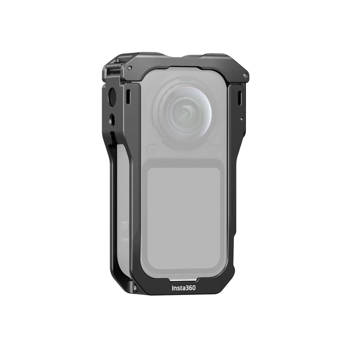 Caméra 360 protégée par une cage métallique ajourée, vue de trois quarts