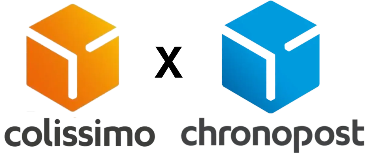 Logos Colissimo et Chronopost côte à côte, cube orange et cube bleu sur fond sombre