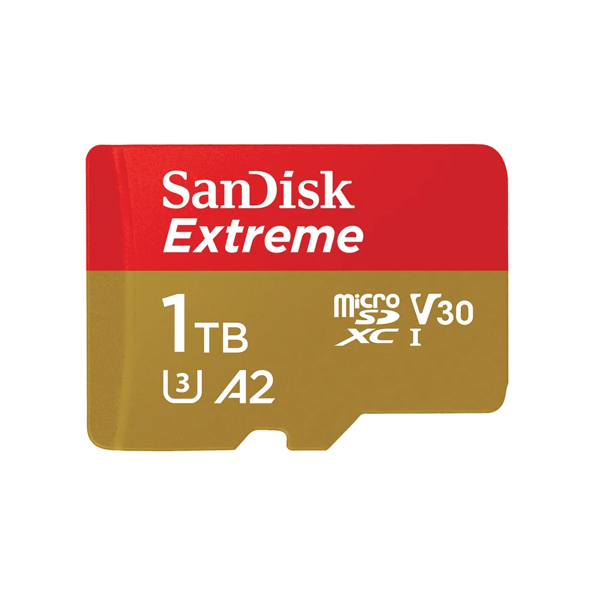 Carte microSD rouge et or portant les sigles V30, U3 et A2 et la mention 1 To