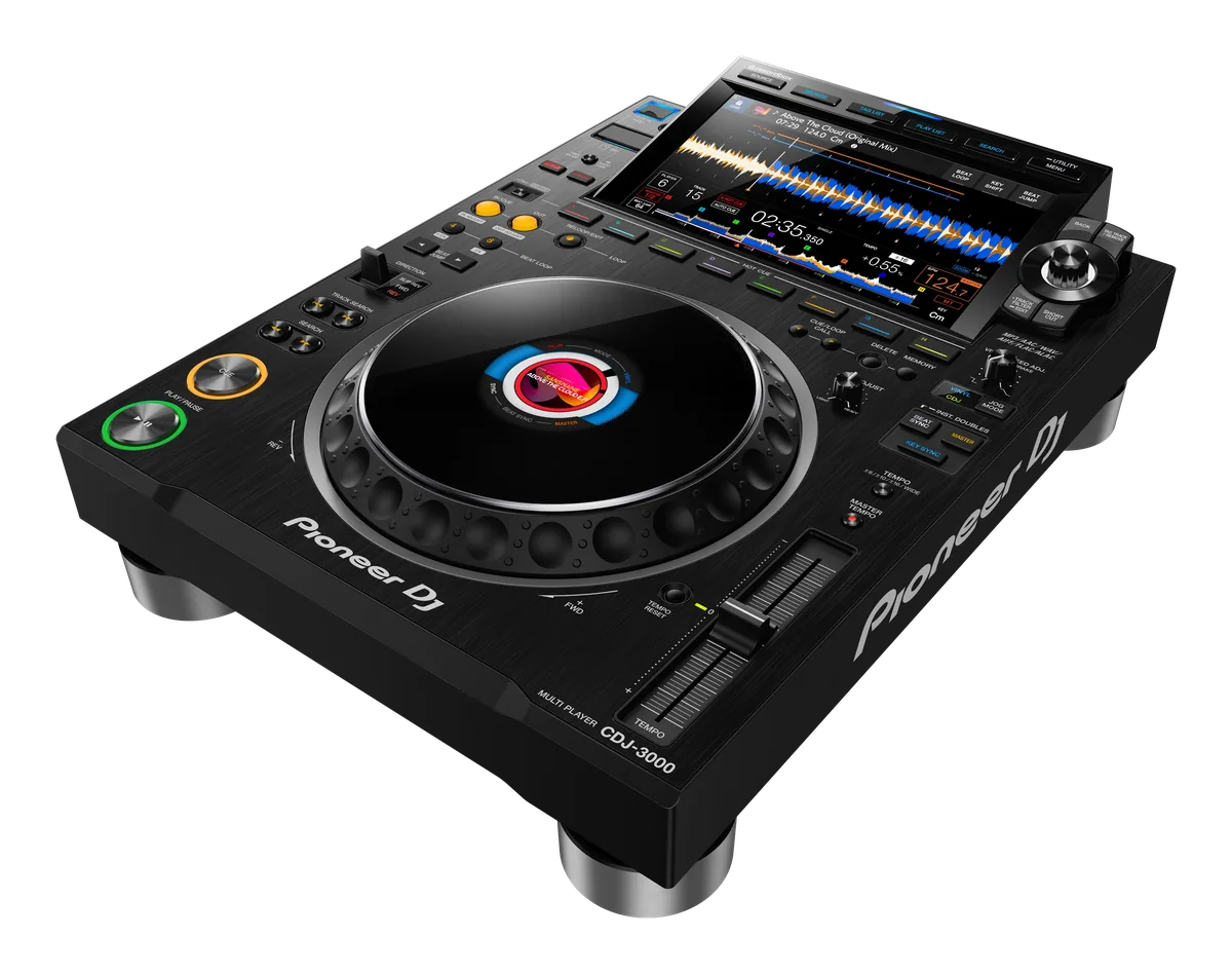 Pioneer DJ CDJ-3000 player seen from three quarters, large central jog and touch screen above