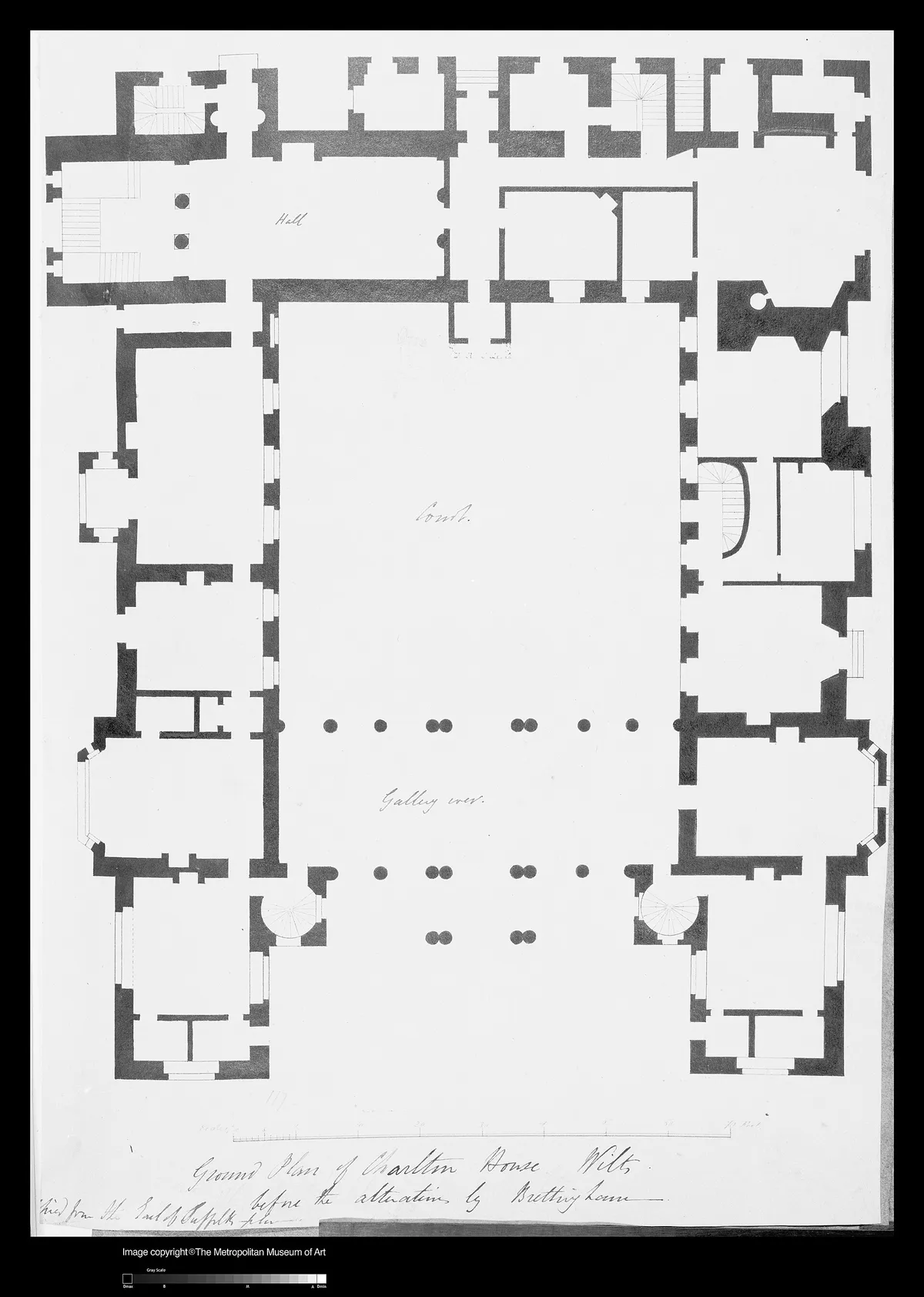 Plan de rez-de-chaussée dessiné à l’encre, murs pleins et enfilade de pièces