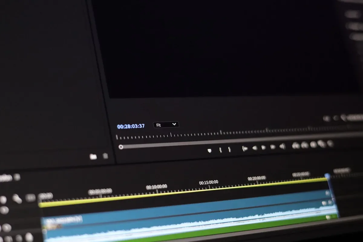 Écran de logiciel de montage vidéo en gros plan : timeline, pistes colorées et repères de temps