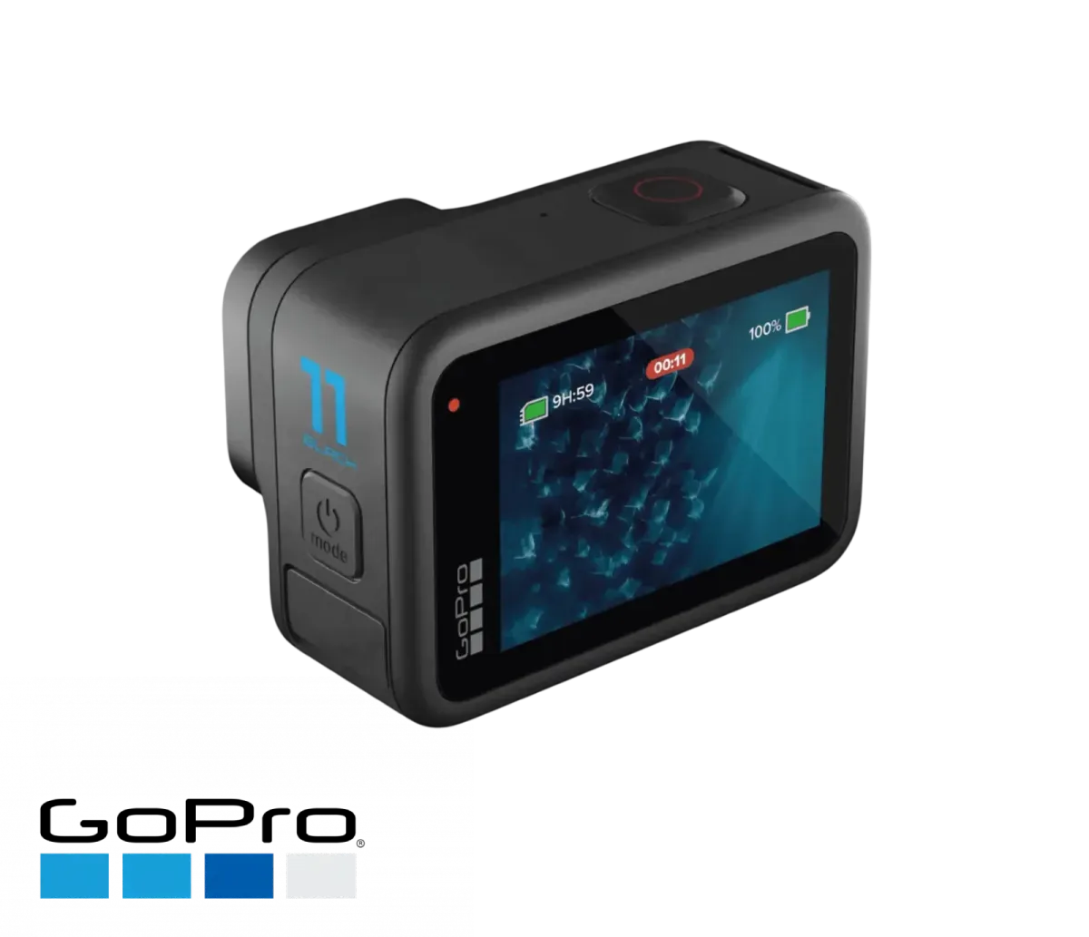 Caméra GoPro HERO11 Black noire de trois quarts, écran arrière allumé sur fond blanc