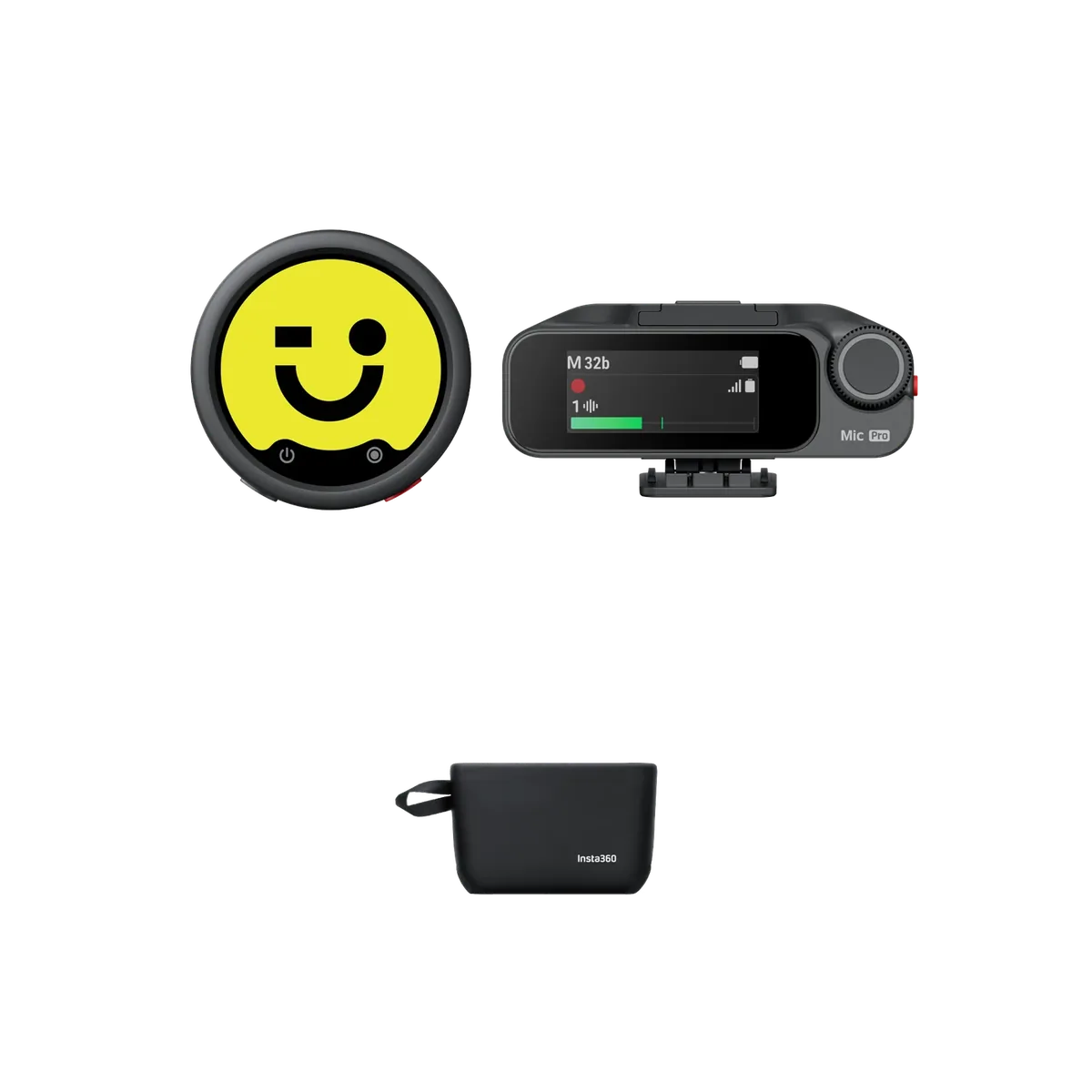 Télécommande ronde à smiley jaune, micro sans fil à écran et pochette souple noire