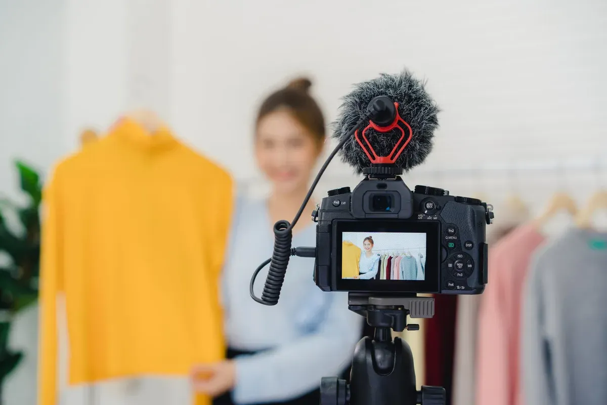 Appareil photo sur trépied, micro monté dessus, cadrant une personne devant un portant de vêtements
