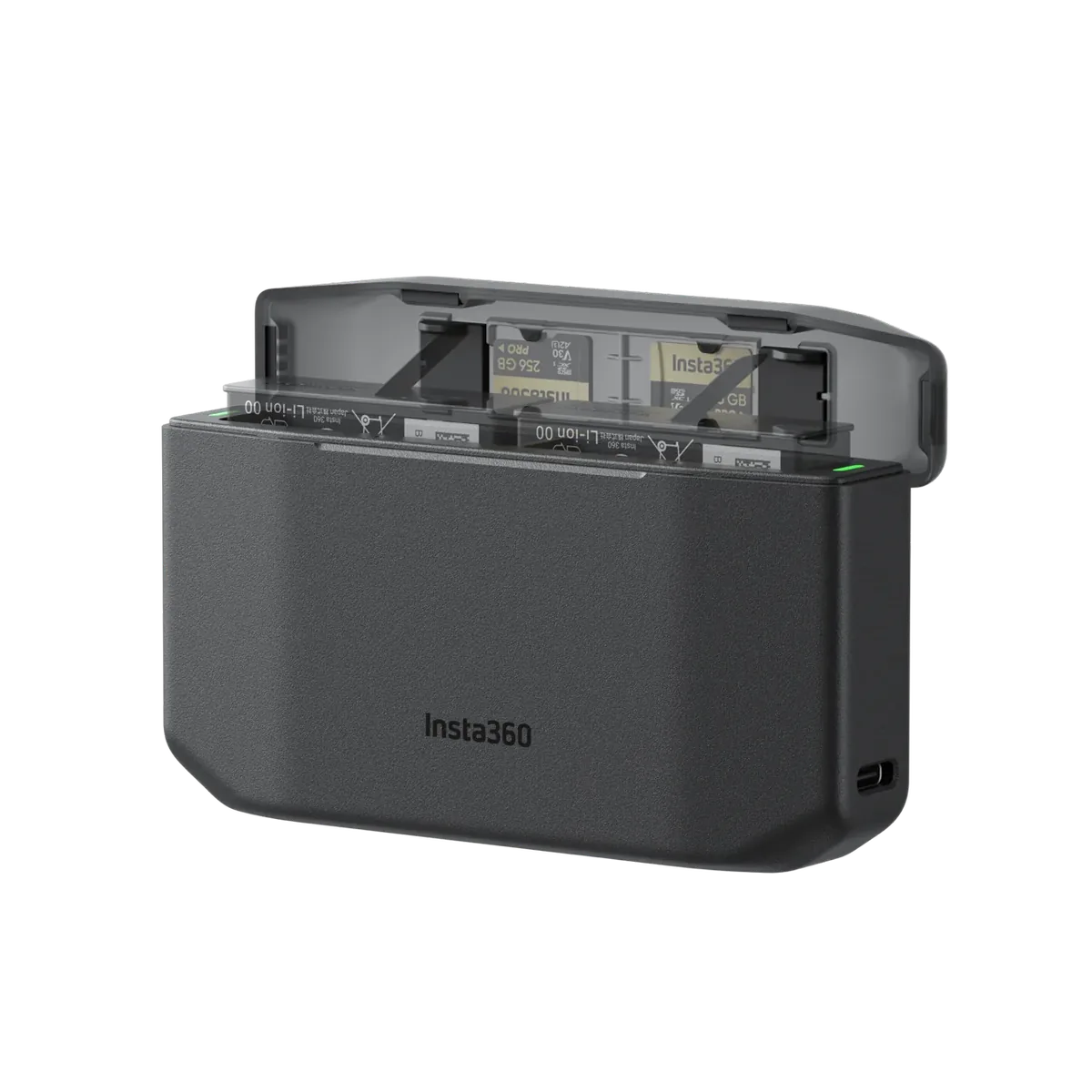 Étui-chargeur noir ouvert révélant deux batteries et deux cartes mémoire microSD