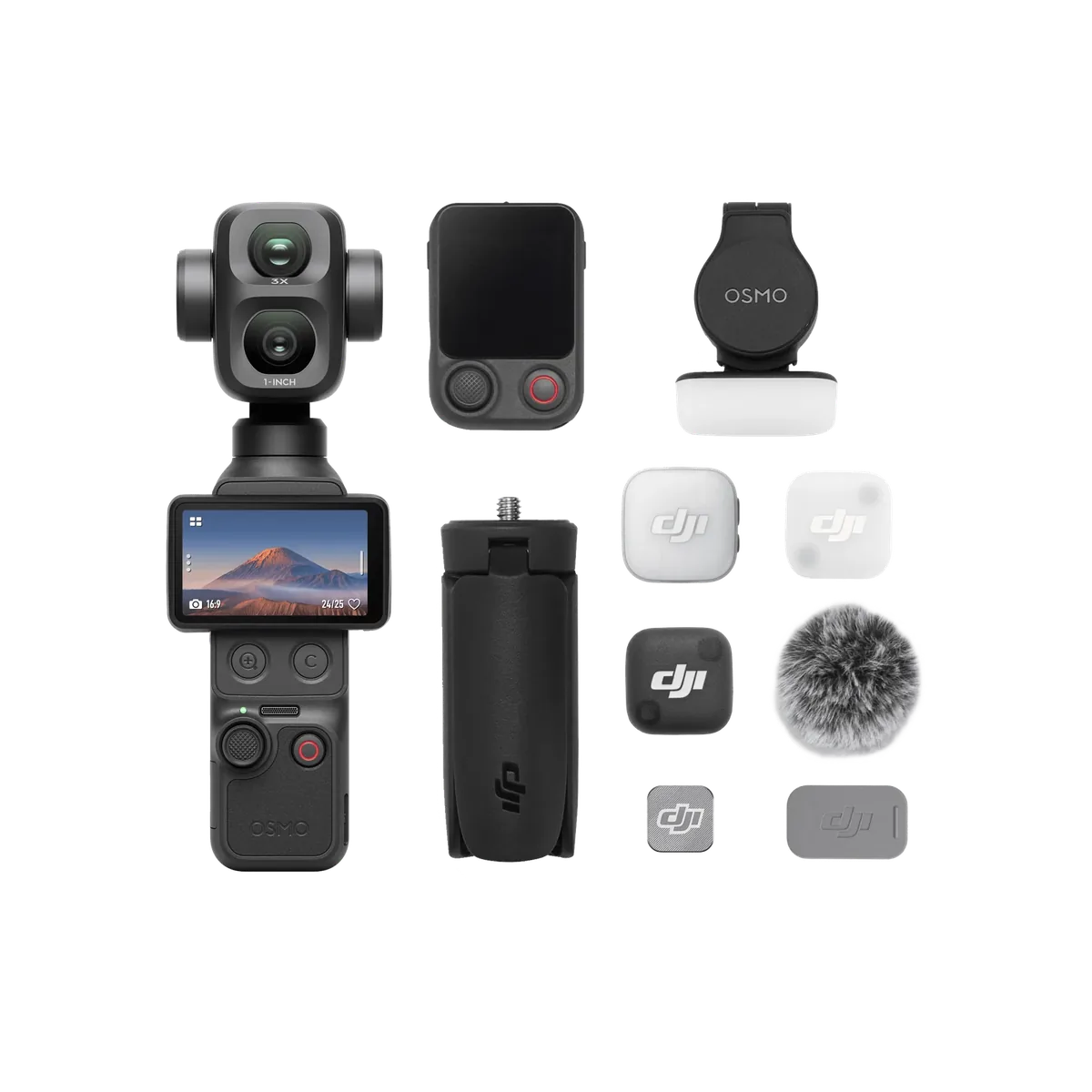 Contenu du pack Vlog de l'Osmo Pocket 4P : caméra, micros sans fil, bonnette et poignée-trépied