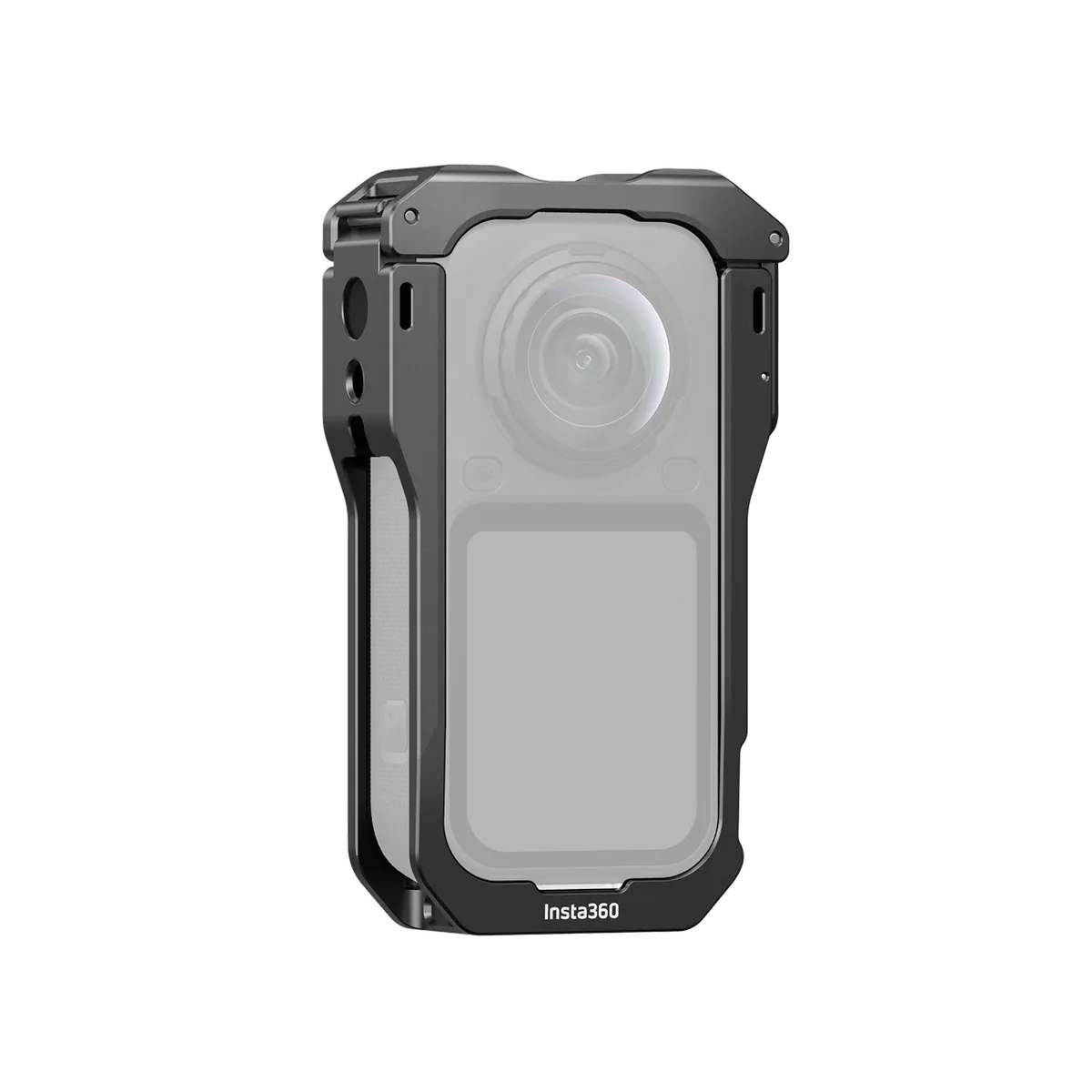 Cage de protection en métal noir ajouré entourant une caméra 360 estompée en gris
