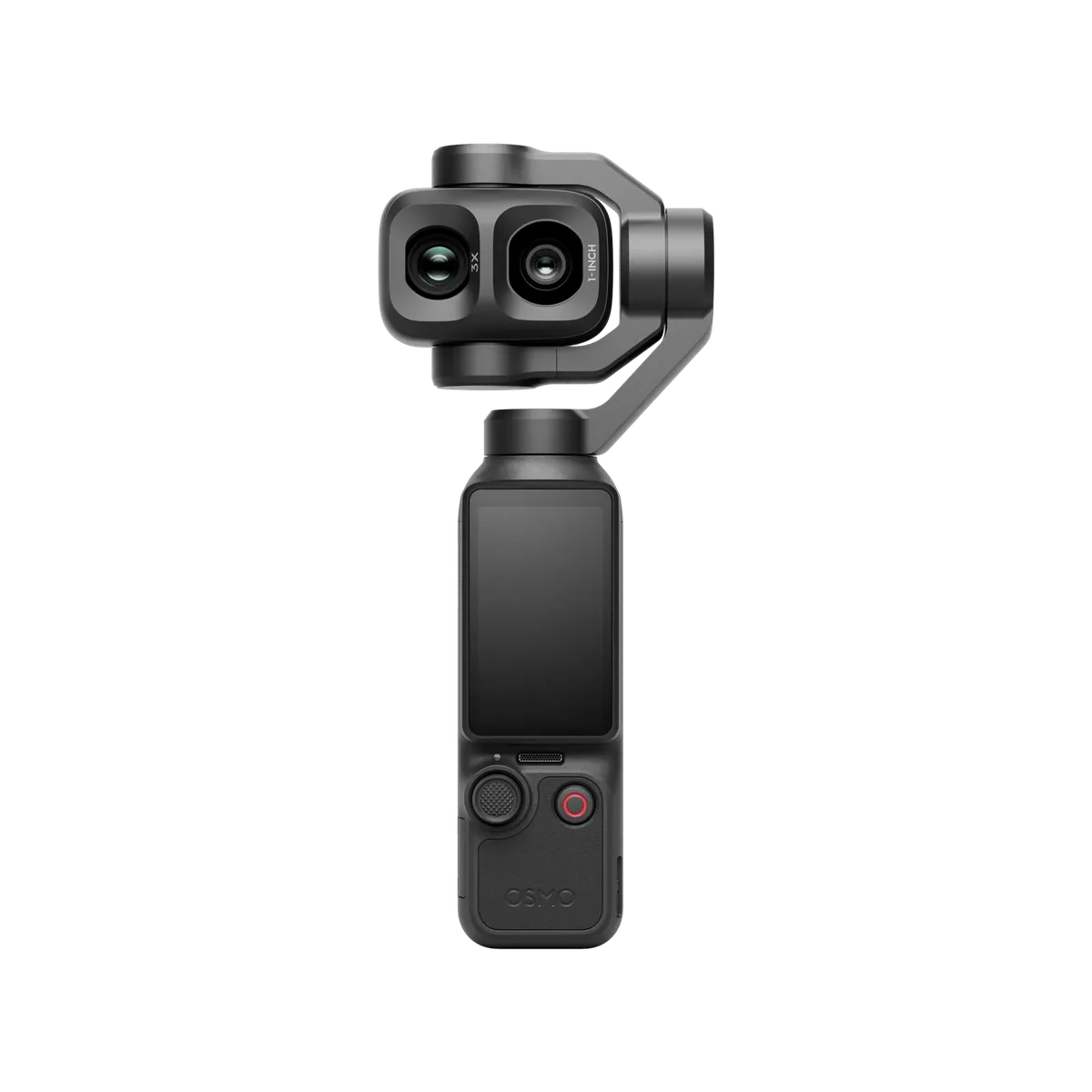 Osmo Pocket 4P noire dressée sur sa nacelle, ses deux objectifs 3X et 1 pouce de face