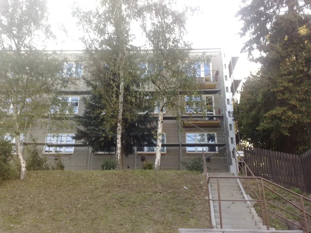 Immeuble d’habitation entouré d’un échafaudage, vu depuis un talus planté de bouleaux