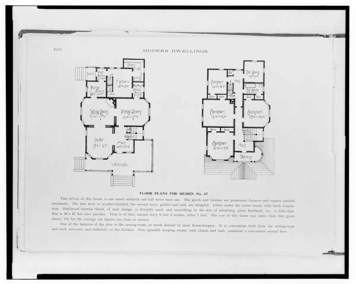 Planche gravée ancienne présentant les plans de deux niveaux d’une maison, pièce par pièce